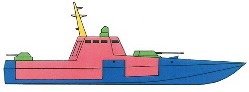 Materiały konstrukcyjne użyte do budowy kadłuba kutra Giurza - stal okrętowa (niebieski), wielowarstwowy kompozyt stalowo-aluminiowy (różowy), stal pancerna (zielony) i lekkie stopy aluminium (żółty) / Rysunek: Marcin Schiele