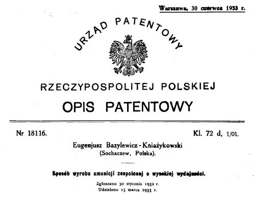 Nagłówek patentu amunicji o wysokiej prędkości konstrukcji Eugeniusza Bazylewicz-Kniażykowskiego z Belgijskiej Spółki Akcyjnej Zakłady Przemysłowe Boryszew