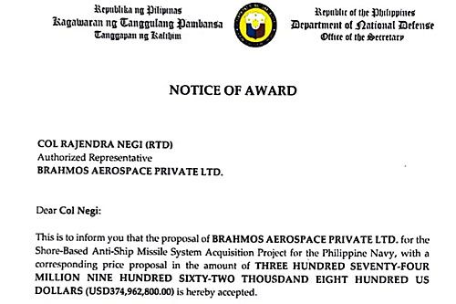 Fragment dokumentu dotyczącego zakupu manewrujących pocisków naddźwiękowych BrahMos w lądowej wersji przeciwokrętowej, skierowanego do szefa Brahmos Aerospace, płk. Rajendry Negi przez filipińskiego sekretarza obrony Delfina N. Lorenzanę