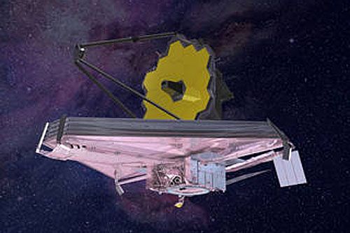 Wizja JWST z rozłożonym zwierciadłem teleskopu i osłoną przeciwsłoneczną / Ilustracja: NASA