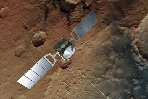 Wizja sondy Mars Express operującej nad powierzchnią Marsa / Ilustracja: ESA