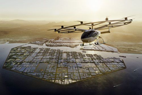 Wizja latającej taksówki VoloCity nad The Oxagon w Neom w Arabii Saudyjskiej / Zdjęcie: Volocopter