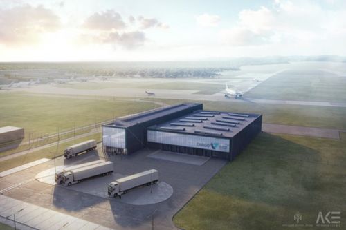 Nowy terminal cargo ma składać się z części biurowej i magazynowej o łącznej powierzchni użytkowej 5600 m² i kubaturze 39000 m³ oraz towarzyszącej infrastruktury technicznej, a dzięki jego budowie balickie lotnisko ma być zdolne do obsługiwania 8000 t frachtu rocznie / Ilustracja: MPL im. Jana Pawła II Kraków-Balice