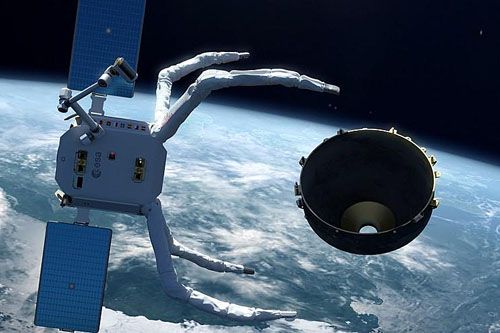 Wizja satelity ClearSpace-1 w czasie operacji schwytania śmiecia kosmicznego / Ilustracja: ClearSpace