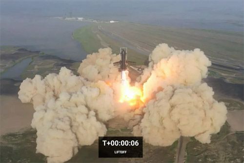 Rakieta nośna Super Heavy ze statkiem kosmicznym Starship startuje z wyrzutni w Boca Chica w Teksasie. To najpotężniejsza rakieta, jaką kiedykolwiek wystrzelono. Jej silniki wytwarzały ciąg około 67 000 kN. Poprzedni rekord należał do sowieckiej rakiety N1, której ciąg startowy wynosił 45 400 kN / Zdjęcie: SpaceX
