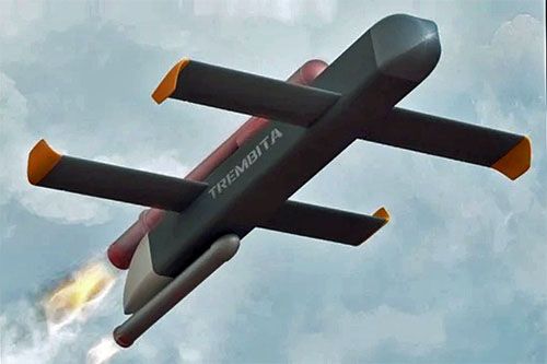 Wizja bbsl (amunicji krążącej) Trembita napędzanego silnikiem pulsacyjnym, startującego z wykorzystaniem małego silnika rakietowego / Ilustracja: PARS