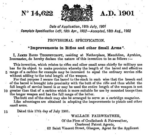 Strona tytułowa patentu numer 14622 z 1901 przyznanego Jamesowi B. Thorneycroftowi na pierwszą broń w układzie bezkolbowym