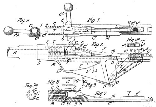 Zamek karabinu Thorneycrofta i Farquhara na rysunku patentowym z 1904 zdradza jeszcze duże podobieństwa do pierwszych prototypów z 1902