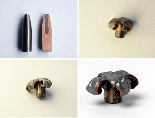 Typowy pocisk Rhino Bullets, jego przekrój (wyraźnie widoczny jest ołowiany trzpień w miedzianym płaszczu) oraz przykłady, jak regularnie rozkwitają pociski po trafieniu w cel / Zdjęcie: Rhino Bullets
