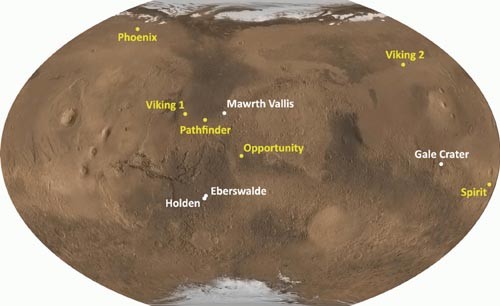 Miejsca dotychczasowych pomyślnych lądowań (żółte punkty) i cztery możliwe lądowiska Mars Science Laboratory (białe punkty) / Ilustracja: NASA