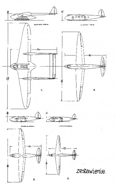 Zestaw rysunków czterech transportowych szybowców inwazyjnych,  opracowanych przez konstruktorów Polskiej Grupy Technicznej w Londynie w  latach 1940-1941 / Ilustracje: ze zbiorów J. B. Cynka