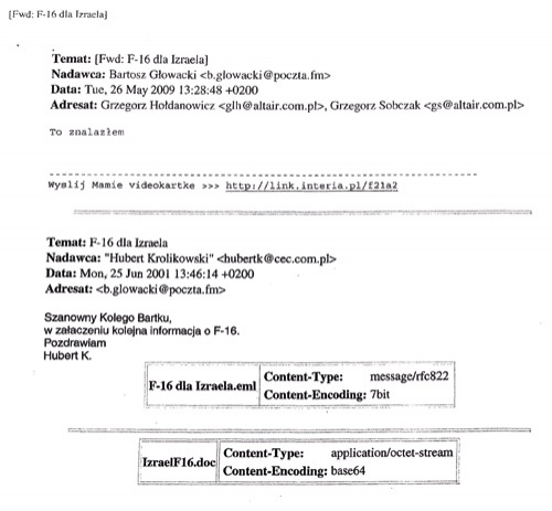 Jeden z e-maili rozsyłanych przez Huberta Królikowskiego na temat samolotu F-16 w okresie jego pracy na rzecz Lockheed Martina w CEC Government Relations