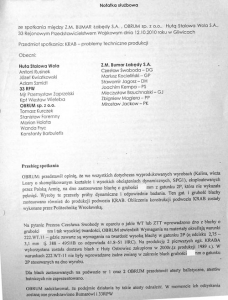 Notatka służbowa ze spotkania przedstawicieli m.in. HSW, OBRUM i ZM Bumar Łabędy z 2010, w którym po raz pierwszy oficjalnie...
