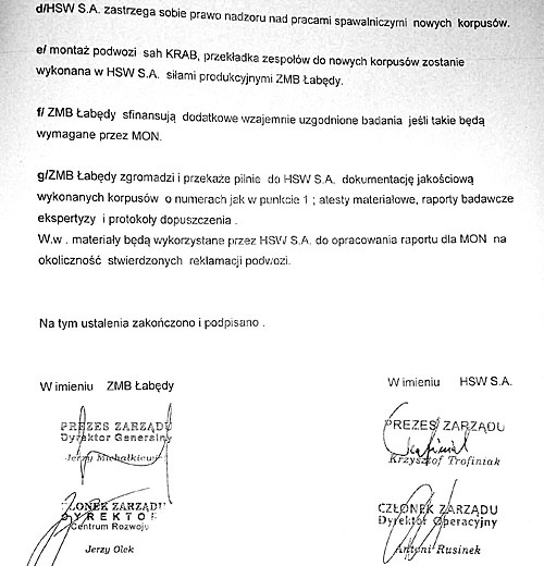 Ustalenia wszystkich zainteresowanych podmiotów z lipca 2012, które wskazują na winę ZM Bumar Łabędy, za dostarczenie wadliwych blach pancernych. Z dokumentu usunięto dane z numerami seryjnymi Krabów