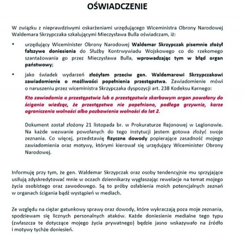 21 listopada Monika Bal zawiadomiła prokuraturę o możliwości popełnienia przez gen. Skrzypczaka przestępstwa. Zapowiedziała też przedstawienie dowodów udowadniających opisywane fakty