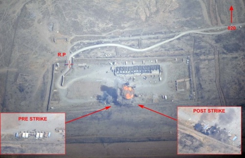Na zdjęciu pokazano cel, leżący w pobliżu Mosulu, przed i po ataku Francuzów / Zdjęcia: MO Francji