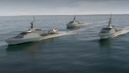 Nowe brytyjskie patrolowce będą nosiły nazwy rzek w Anglii i Szkocji. Pierwszy z nich, Forth, zostanie przekazany Royal Navy w 2017.  Dwa pozostałe, Medway i Trent, dołączą do niego w 2018 / Rysunek: BAE Systems