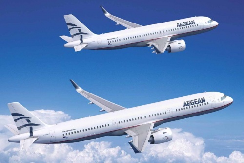 A321neo (na pierwszym planie) i A320neo w barwach greckich Aegean Airlines / Ilustracja: Airbus