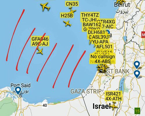 Samoloty startujące z lotniska Ben Guriona były kierowane na północny wschód od zwykłych tras. W obszarze, którym mogła poruszać się testowana izraelska rakieta, znajdowały się jedynie samoloty rejestrujące parametry jej lotu / Ilustracja: Twitter – avi scharf