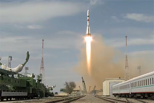 Rakieta nośna Sojuz-2.1a z załogowym satelitą Sojuz MS-16 startuje z kosmodromu Bajkonur, 9 kwietnia 2020, 11:05:06 czasu moskiewskiego (08:05:06 UTC) / Zdjęcie: via Roskosmos