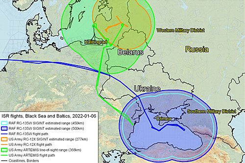 Trasy lotów i zasięgi urządzeń samolotów rozpoznawczych, które wczoraj operowały w pobliżu granic Federacji Rosyjskiej i Białorusi / Ilustracja: Twitter – Amelia