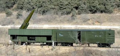 Wyrzutnia północnokoreańskiej rakiety balistycznej krótkiego KN-23 na platformie kolejowej / Zdjęcie: KCNA