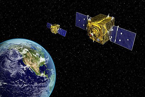 Wizja satelitów monitorowania przestrzeni kosmicznej GSSAP-5 i GSSAP-6 po umieszczeniu na docelowych na orbitach geostacjonarnych / Ilustracja: Northrop Grumman