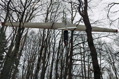 Wiszący na gałęziach drzew litewski szybowiec Jantar Standard, który uczestniczył w zderzeniu nad wzgórzem Končiar w pobliżu Martina na Słowacji / Zdjęcie: HaZZ