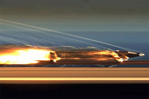 Szynowy pojazd hiperdźwiękowy podczas testu na Holloman High-Speed Test Track / Zdjęcie: USAF