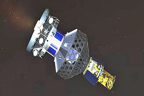 Wizja POEM przed wypuszczeniem ostatniego satelity. Później czwarty stopień rakiety sam stał się satelitą badawczym / Ilustracja: ISRO