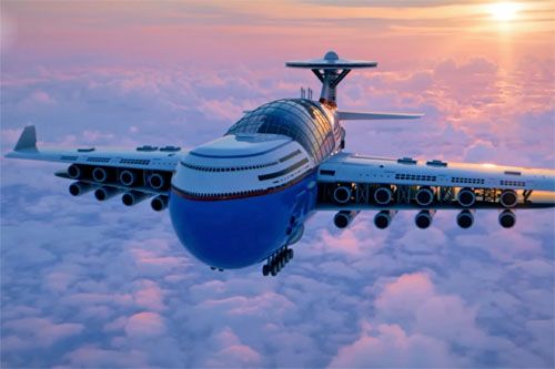 Wizja Sky Cruise – latającego luksusowego hotelu przyszłości w locie nad chmurami o wschodzie słońca / Ilustracja: Studio Ghibli