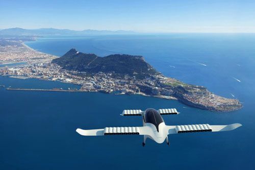 Wizja lotu Lilium Jet nad Gibraltarem – brytyjskim terytorium zamorskim na południu Półwyspu Iberyjskiego, kilkanaście kilometrów od Maroka / Ilustracja: Lilium