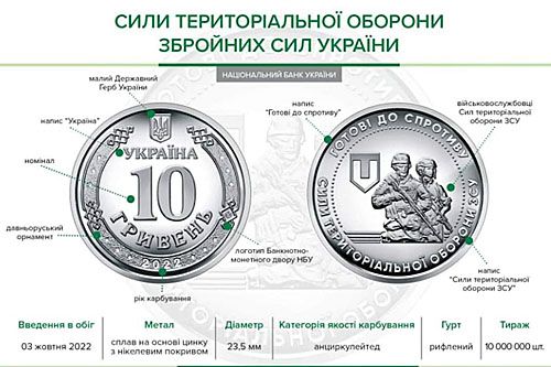 Cechy charakterystyczne monety o nominale 10 hrywien wybitej z awersem poświęconym Wojskom Obrony Terytorialnej Sił Zbrojnych Ukrainy / Ilustracja: NBU