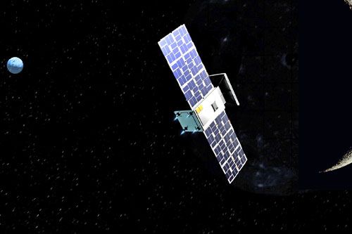 Wizja satelity CAPSTONE na orbicie wokółksiężycowej. W oddali błękitna Ziemia / Ilustracja: NASA