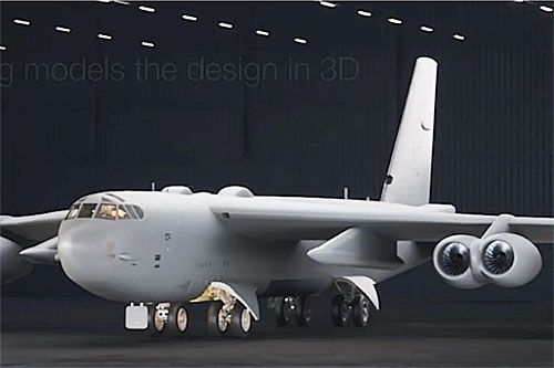 Fragment wizualizacji 3D zmodernizowanego bombowca strategicznego Boeing B-52H. Widoczne są przede wszystkim gondole silników o nowej geometrii, ale także zmodyfikowana część nosowa, przypominając starsze wersje samolotu. Zmiana oznacza rezygnację z dotychczas używanego systemu obserwacyjnego, m.in. ułatwiającego loty na małej wysokości, i wymianę go na nowocześniejszy, zajmujący mniej miejsca. Nowa sekcja dziobowa ma mieścić radar AN/APG-79 z aktywną elektronicznie skanowaną anteną (AESA) / Ilustracja: Boeing via Air & Space Forces Magazine