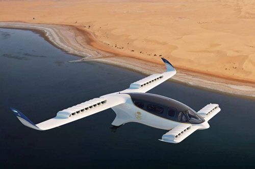 Wizja 7-miejscowego samolotu Lilium Jet eVTOL lecącego nad pustynnym brzegiem Arabii Saudyjskiej / Ilustracja: Lilium
