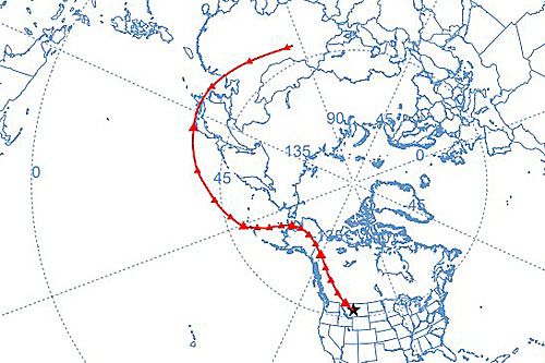 Domniemana trasa tajemniczego balonu, wynikająca z analiz wiatrów wiejących na wysokości, na której się poruszał / Ilustracja: Twitter – wildweatherdan