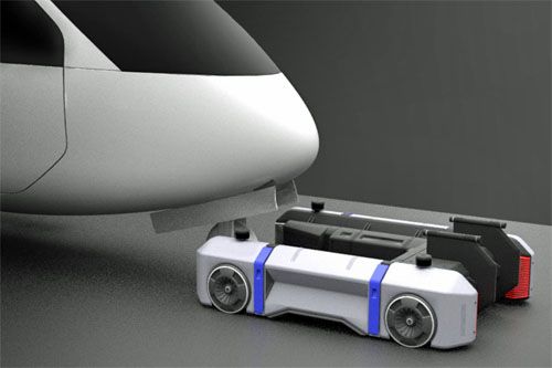 Zautomatyzowany, napędzany elektrycznie pojazd lotniskowy do holowania samolotów, projektowany przez Moonware / Ilustracja: Moonware