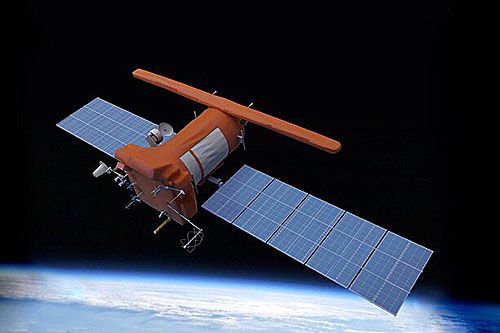 Wizja satelity hydrometeorologicznego Mietieor-M Nr 2-3 na orbicie wokółziemskiej / Ilustracja: Roskosmos
