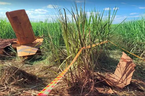 Szczątki samolotu rolniczego Embraer Ipanema, który rozbił się podczas oprysków plantacji trzciny cukrowej / Zdjęcie: TV TEM