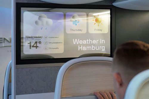 W kategorii Clear Cabin wyróżnił się pomysł ACLA Studio na przegrodę klas z 33-calowym przezroczystym ekranem OLED. Pozwala ona na zagospodarowanie wcześniej pomijanej przestrzeni, służąc m.in. do przekazywania informacji ważnych dla pasażerów / Ilustracja: ACLA Studio