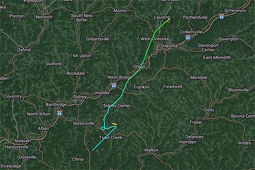 Trasa lotu Pipera Malibu, który rozbił się w pobliżu Masonville w stanie Nowy Jork / Ilustracja: FlightRadar24
