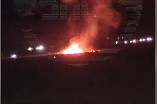 Pożar na miejscu upadku bombowca Tu-22M3, który rozbił się niedaleko lotniska Biełaja w obwodzie irkuckim / Zdjęcie: kadr z filmu opublikowanego na kanale Telegram