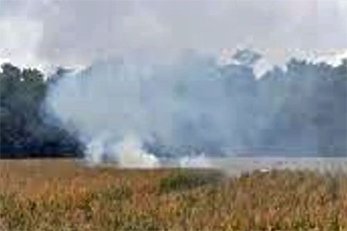 Płonące szczątki samolotu Piper Malibu Mirage, który rozbił się podczas podejścia do lądowania na lotnisku miejskim w Anderson w stanie Indiana / Zdjęcie: East Madison Fire Territory