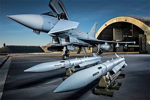 Kkierowane pociski rakietowe dalekiego zasięgu klasy powietrze-powietrze MBDA Meteor na tle samolotu Eurofighter Typhoon / Zdjęcie: MBDA