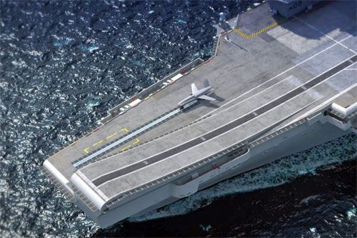 Wizualizacja taniego, elektrycznego systemu startowego dla bsl na lotniskowcu klasy Queen Elizabeth pokazuje katapultę zainstalowaną obok rampy startowej używanej przez samoloty F-35B. Do startu przygotowywany jest bojowy bsl rodziny Gambit / Ilustracja: GA-ES