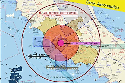 Ograniczenia wprowadzone w przestrzeni powietrznej nad Rzymem w związku z uroczystościami pogrzebowymi papieża Franciszka / Ilustracja: Desk Aeronautico