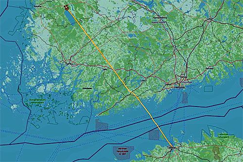 Trasa śmigłowców Robinson R44, które zderzyły się nad Finlandią. Przed zderzeniem śmigłowce leciały na wysokości przelotowej 300 metrów. Nieco wyżej znajdował się śmigłowiec, którym leciał Oleg Sõnajalg / Ilustracja: ADS-B Exchange