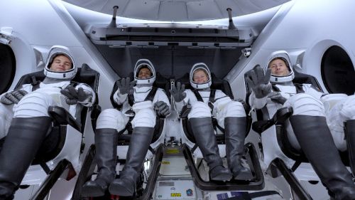 Załoga misji Ax-4. Od lewej: Tibor Kapu, Shubhanshu Shukla, Peggy Whitson i Sławosz Uznański-Wiśniewski / Zdjęcie: SpaceX