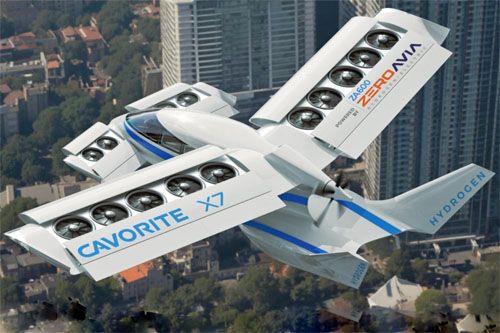 Wizja 6-miejscowego samolotu VTOL Cavorite X7 w locie w fazie przejściowej. Dobrze widoczny układ napędowy z 14 wentylatorami i śmigłem pchającym / Ilustracja: Horizon Aircraft